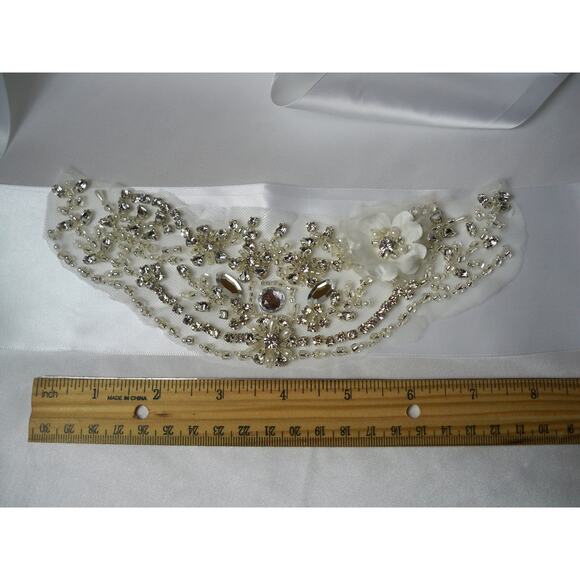 White rhinestone bridal wedding dress belt sash, flower bridal white belt sash - Picture 5 of 6